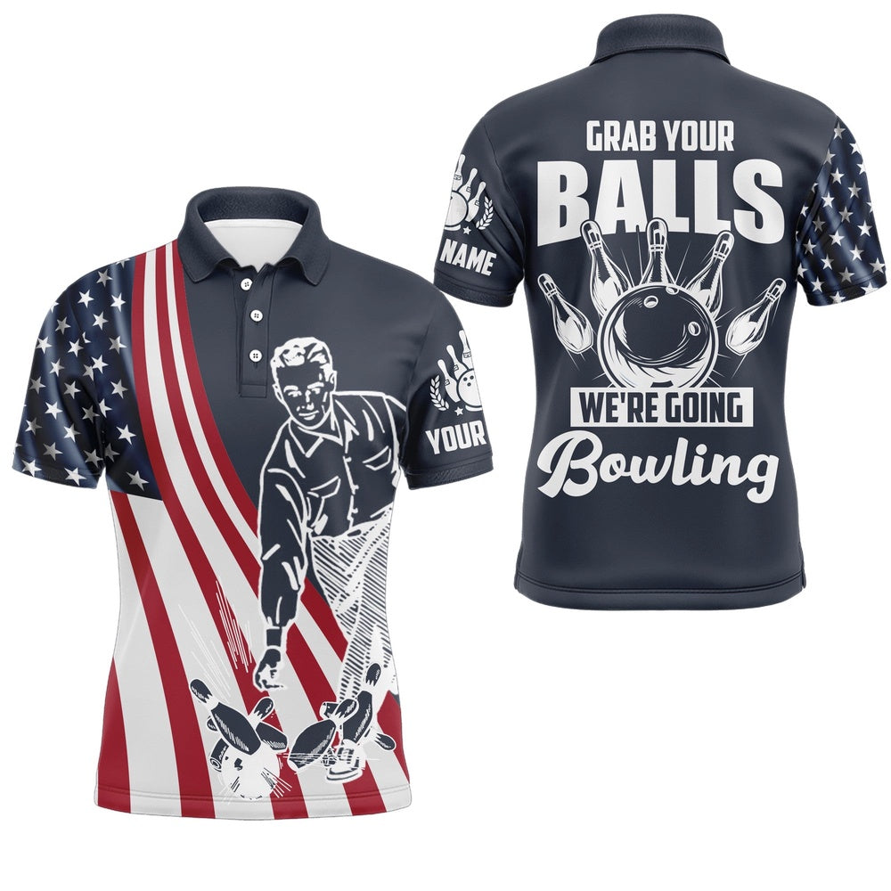 Custom Bowling Polo Shirts, Grab Your Balls We'Re Going Bowling Shirt Custom Bowling Jersey For Men American Flag Bowling Shirt