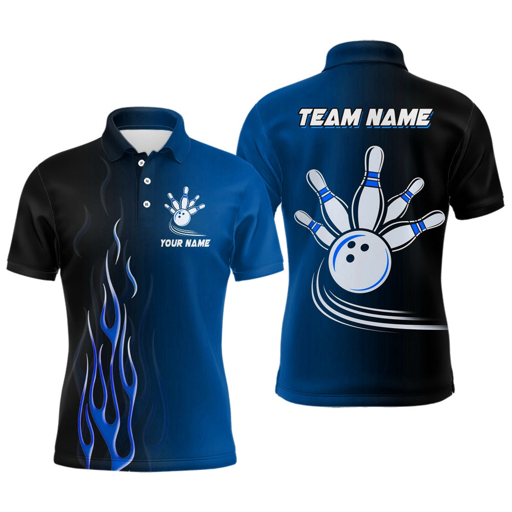 Custom Bowling Polo Shirts, Gradient Black Blue Bowling League Jerseys Custom Men Bowling Polo Shirt, Gifts For Bowling Team