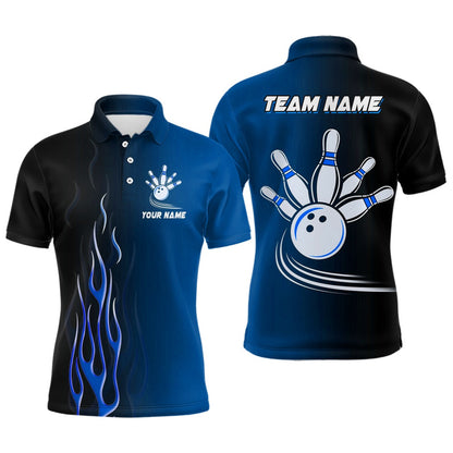 Custom Bowling Polo Shirts, Gradient Black Blue Bowling League Jerseys Custom Men Bowling Polo Shirt, Gifts For Bowling Team