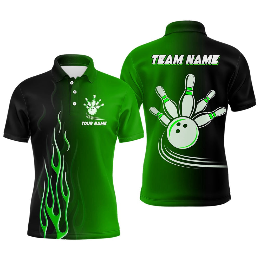 Custom Bowling Polo Shirts, Gradient Black Green Bowling League Jerseys Custom Bowling Shirt For Men, Gifts For Bowling Team