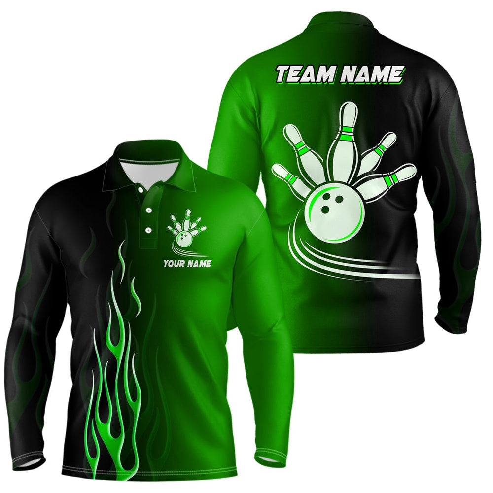 Custom Bowling Polo Shirts, Gradient Black Green Bowling League Jerseys Custom Bowling Shirt For Men, Gifts For Bowling Team