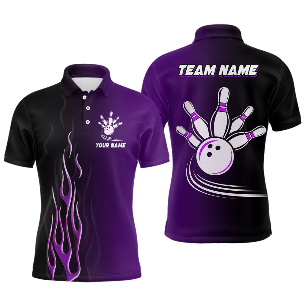 Custom Bowling Polo Shirts, Gradient Black Purple Bowling League Jerseys Custom Men Bowling Polo Shirt, Gifts For Bowling Team