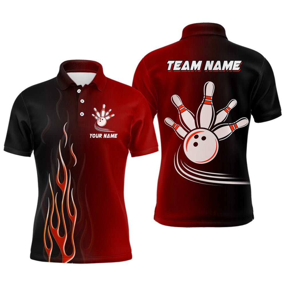 Custom Bowling Polo Shirts, Gradient Black Red Bowling League Jerseys Custom Men Bowling Polo Shirt, Gifts For Bowling Team