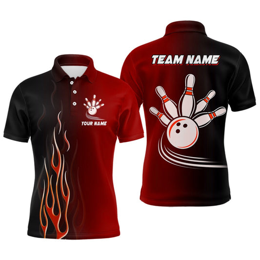 Custom Bowling Polo Shirts, Gradient Black Red Bowling League Jerseys Custom Men Bowling Polo Shirt, Gifts For Bowling Team