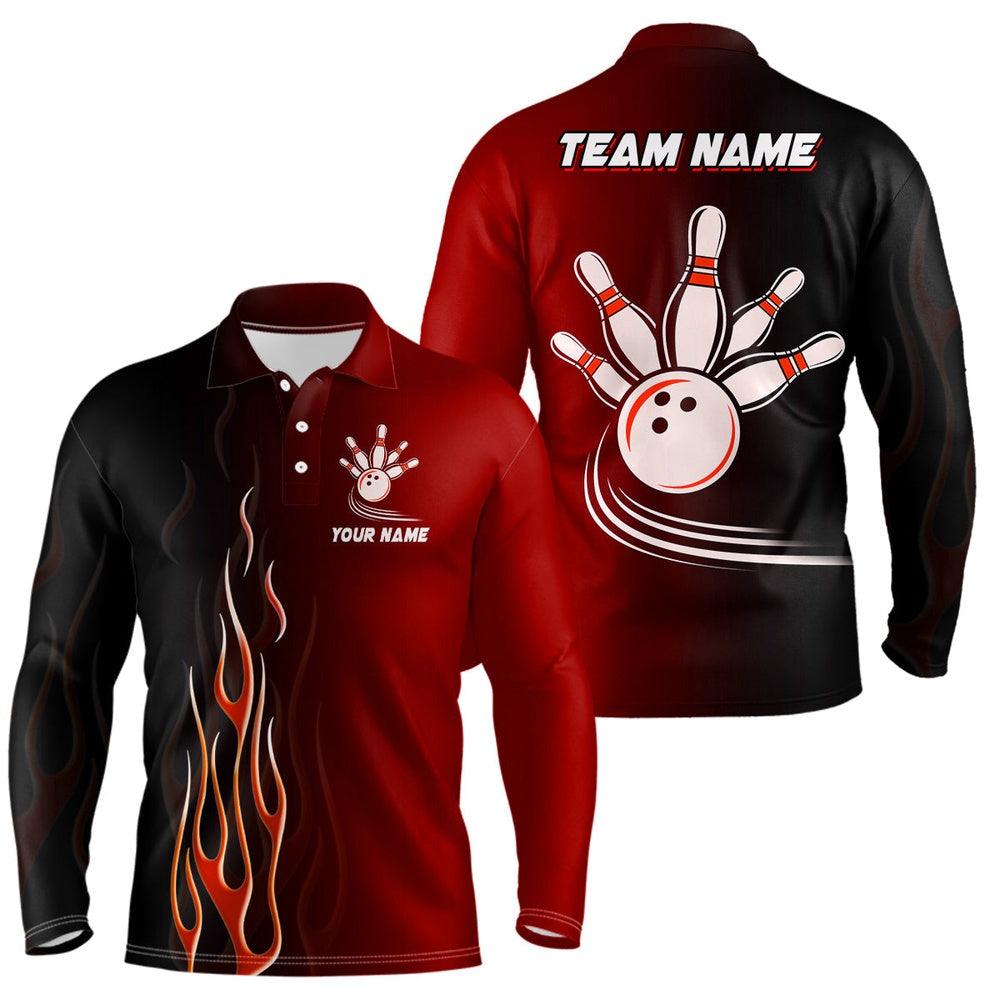 Custom Bowling Polo Shirts, Gradient Black Red Bowling League Jerseys Custom Men Bowling Polo Shirt, Gifts For Bowling Team