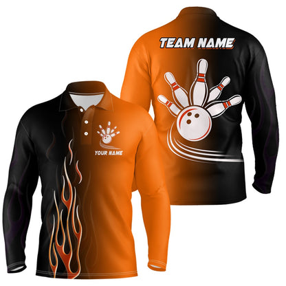 Custom Bowling Polo Shirts, Gradient Orange Black Bowling League Jerseys Custom Bowling Shirt For Men, Gifts For Bowling Team