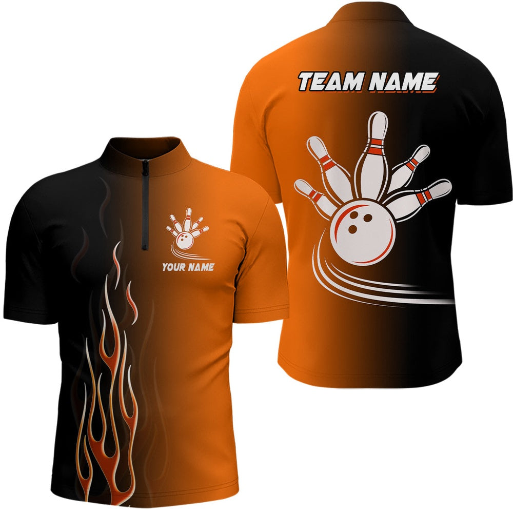 Custom Bowling Polo Shirts, Gradient Orange Black Bowling League Jerseys Custom Bowling Shirt For Men, Gifts For Bowling Team