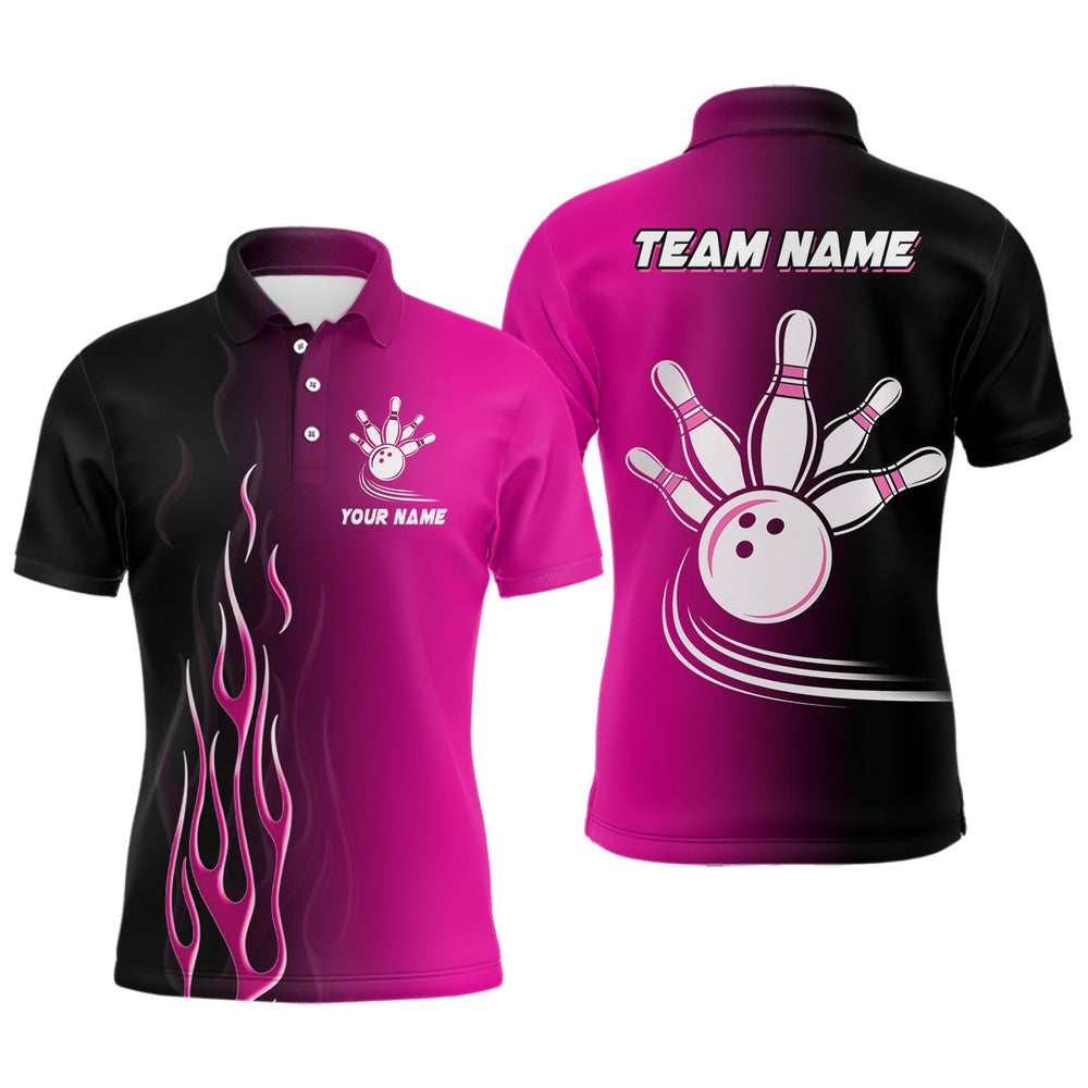 Custom Bowling Polo Shirts, Gradient Pink & Black Bowling League Jerseys Custom Bowling Shirt For Men, Gifts For Bowling Team