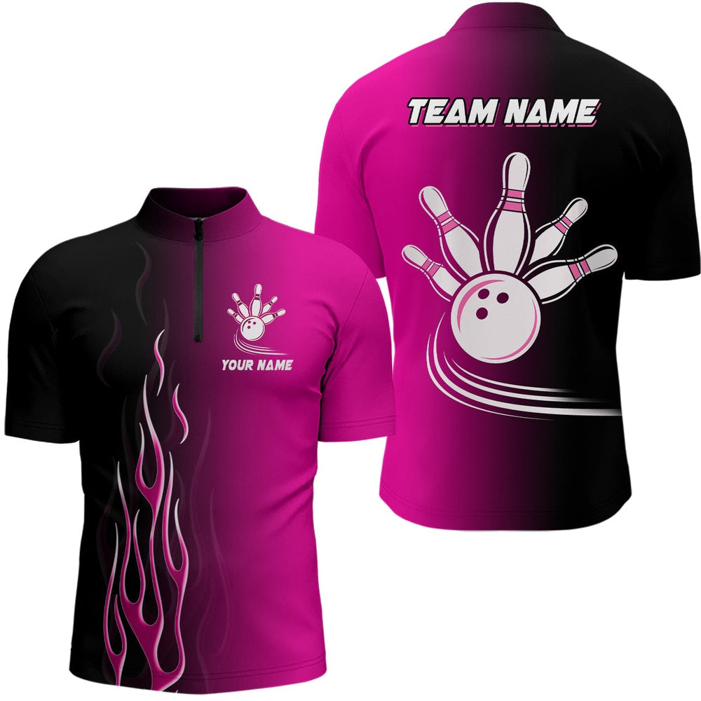 Custom Bowling Polo Shirts, Gradient Pink & Black Bowling League Jerseys Custom Bowling Shirt For Men, Gifts For Bowling Team