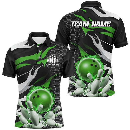 Custom Bowling Polo Shirts, Green And Black Custom Flame Bowling Shirts For Men, Bowling Team Shirts Bowling Uniform