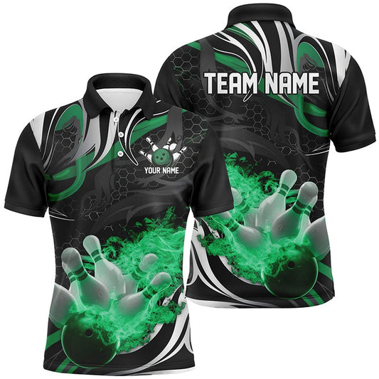 Custom Bowling Polo Shirts, Green And Black Custom Flame Bowling Shirts For Men, Personalized Bowling Team Polo Shirts