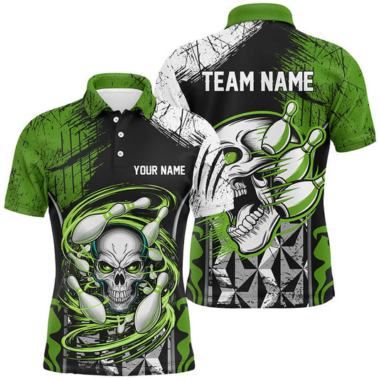 Custom Bowling Polo Shirts, Green And Black Custom Skull Bowling Shirts, Short Sleeve Bowling Polo Shirts For Men