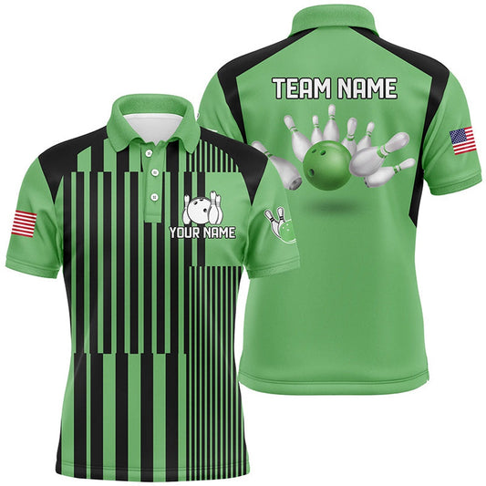 Custom Bowling Polo Shirts, Green And Black Stripe Pattern Mens Bowling Polo Shirts Custom Bowling Team Jerseys, Gifts For Bowlers