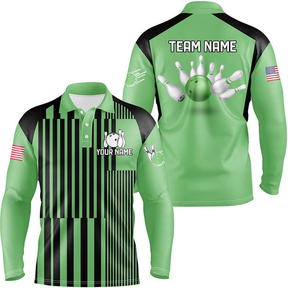 Custom Bowling Polo Shirts, Green And Black Stripe Pattern Mens Bowling Polo Shirts Custom Bowling Team Jerseys, Gifts For Bowlers