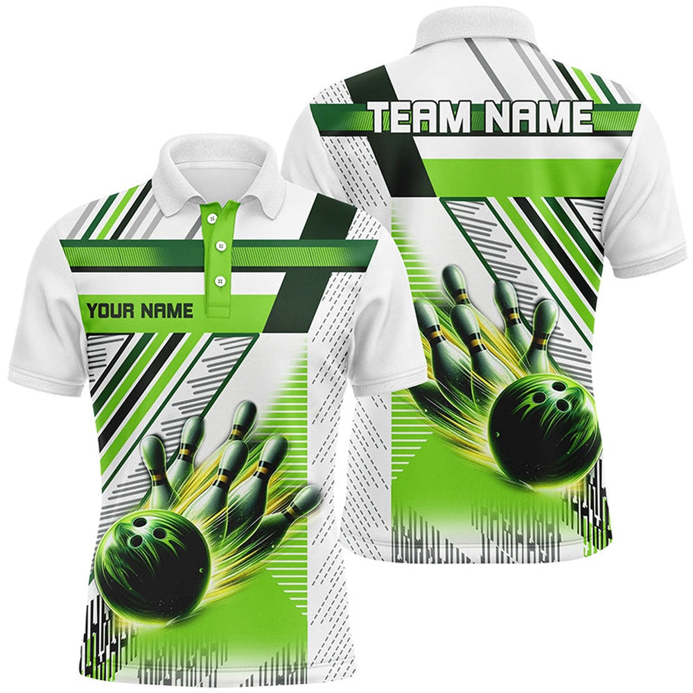 Custom Bowling Polo Shirts, Green And White Bowling Shirts For Men Custom Team League Bowling Jerseys, Gifts For Bowlers