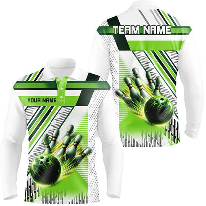 Custom Bowling Polo Shirts, Green And White Bowling Shirts For Men Custom Team League Bowling Jerseys, Gifts For Bowlers