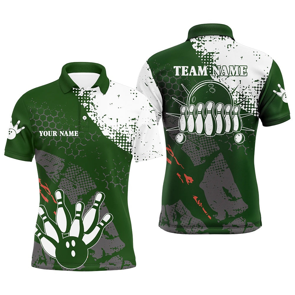 Custom Bowling Polo Shirts, Green And White Mens Polo Bowling Shirts Custom Retro Bowling Ball Pins Bowling Team League Jerseys