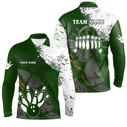 Custom Bowling Polo Shirts, Green And White Mens Polo Bowling Shirts Custom Retro Bowling Ball Pins Bowling Team League Jerseys
