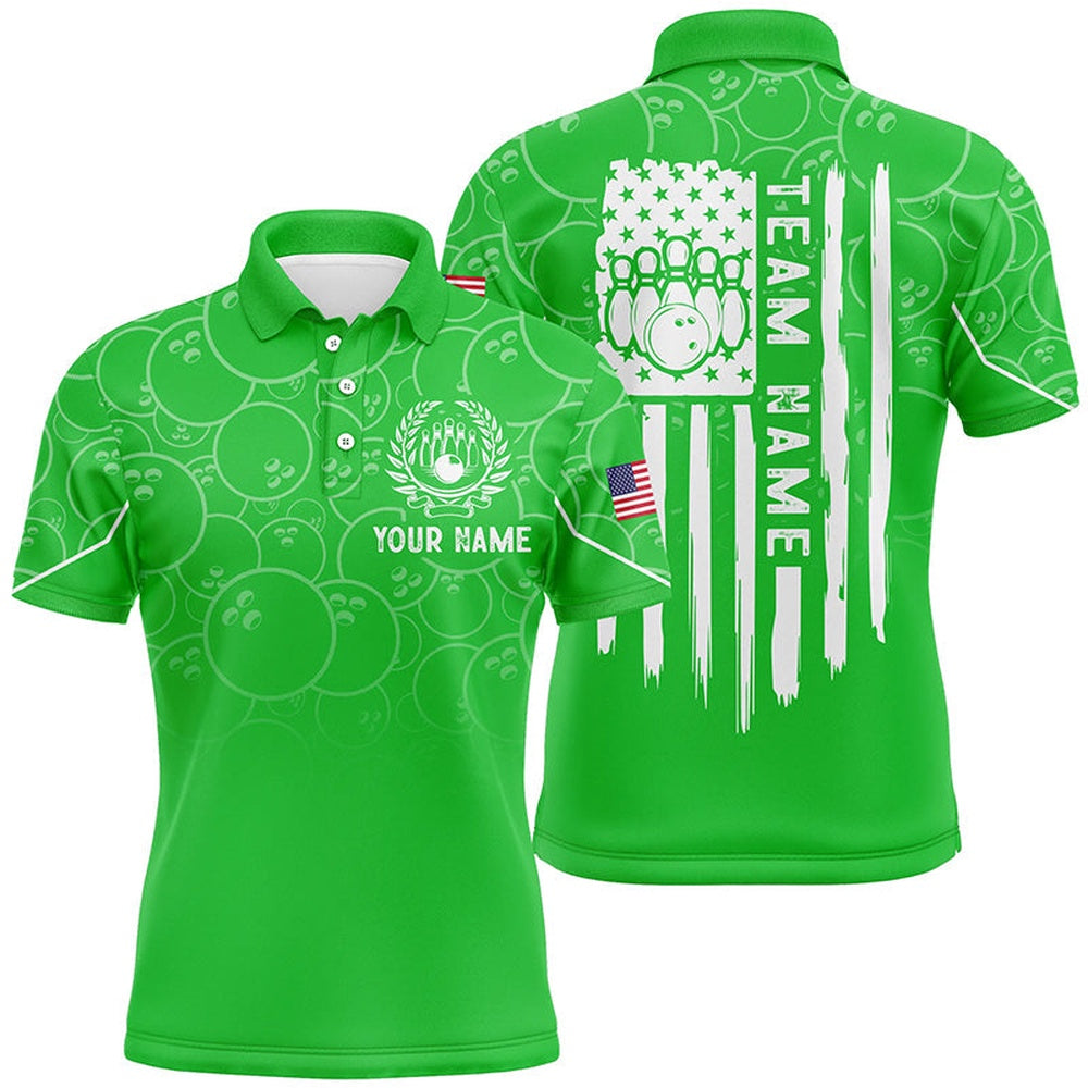 Custom Bowling Polo Shirts, Green Bowling Camo Mens Polo Bowling Shirts Custom American Flag Patriotic Bowling Team League Jerseys