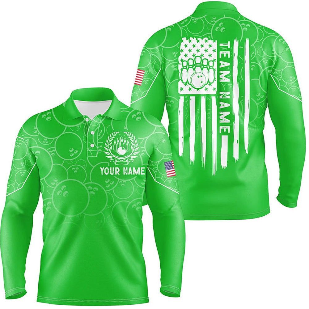 Custom Bowling Polo Shirts, Green Bowling Camo Mens Polo Bowling Shirts Custom American Flag Patriotic Bowling Team League Jerseys