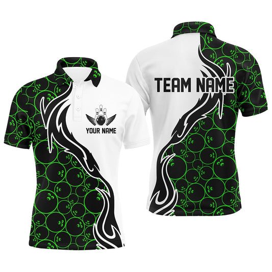 Custom Bowling Polo Shirts, Green Bowling Pattern Custom Men Bowling Polo Shirts Flame Bowling Team Jerseys Tournament