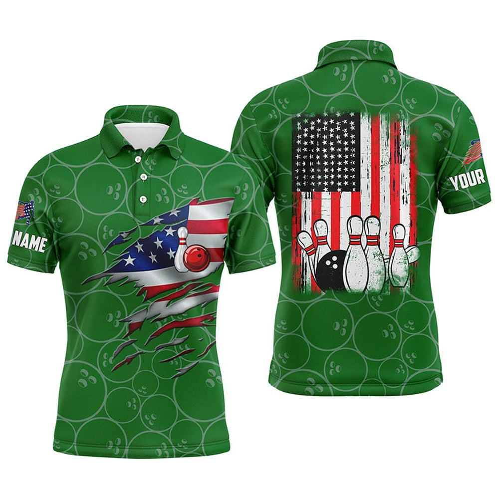 Custom Bowling Polo Shirts, Green Bowling Polo Shirts For Men Custom Name Vintage American Flag Bowling Jerseys