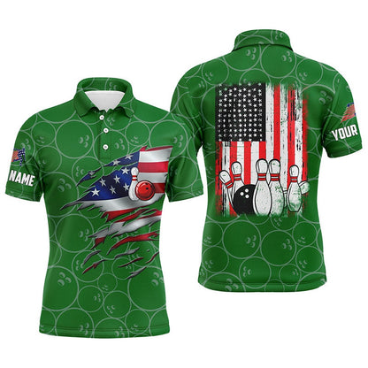 Custom Bowling Polo Shirts, Green Bowling Polo Shirts For Men Custom Name Vintage American Flag Bowling Jerseys