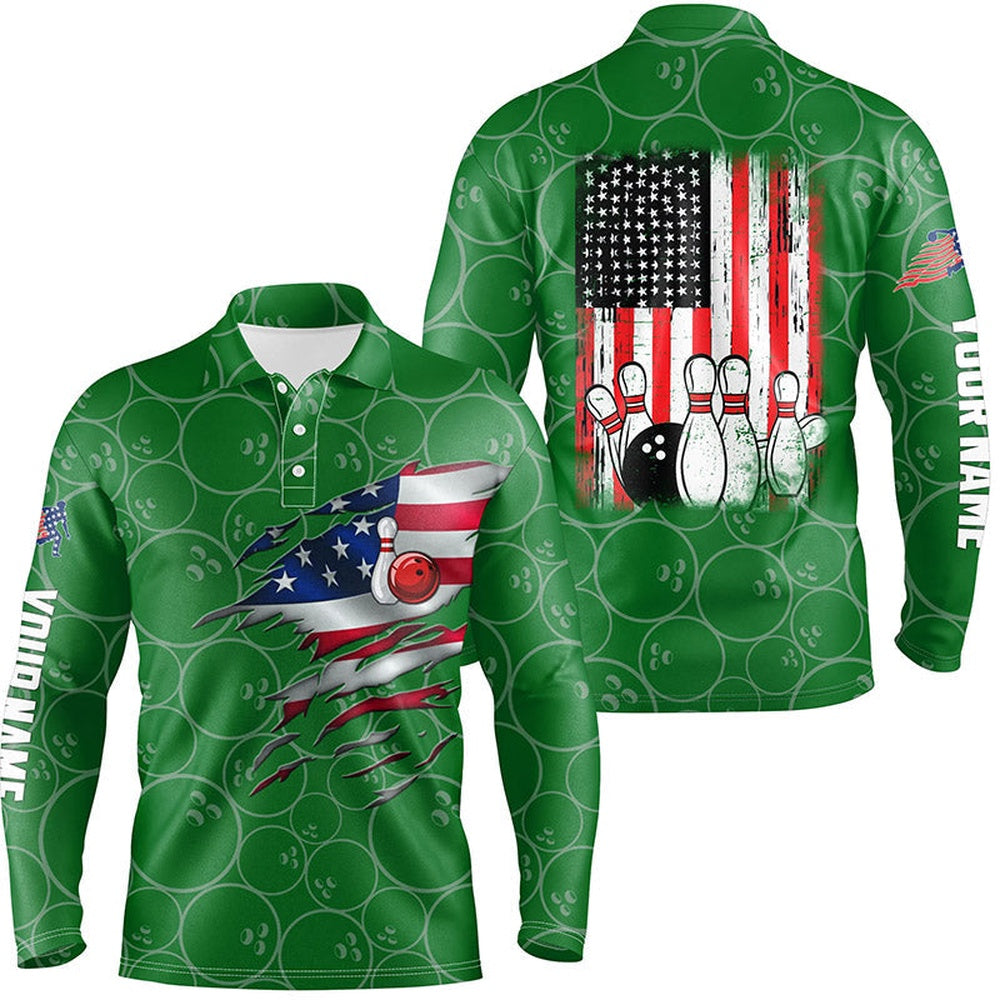 Custom Bowling Polo Shirts, Green Bowling Polo Shirts For Men Custom Name Vintage American Flag Bowling Jerseys
