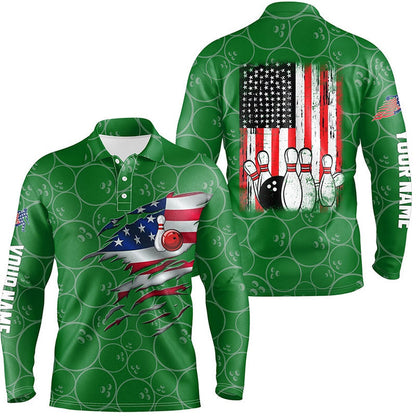 Custom Bowling Polo Shirts, Green Bowling Polo Shirts For Men Custom Name Vintage American Flag Bowling Jerseys