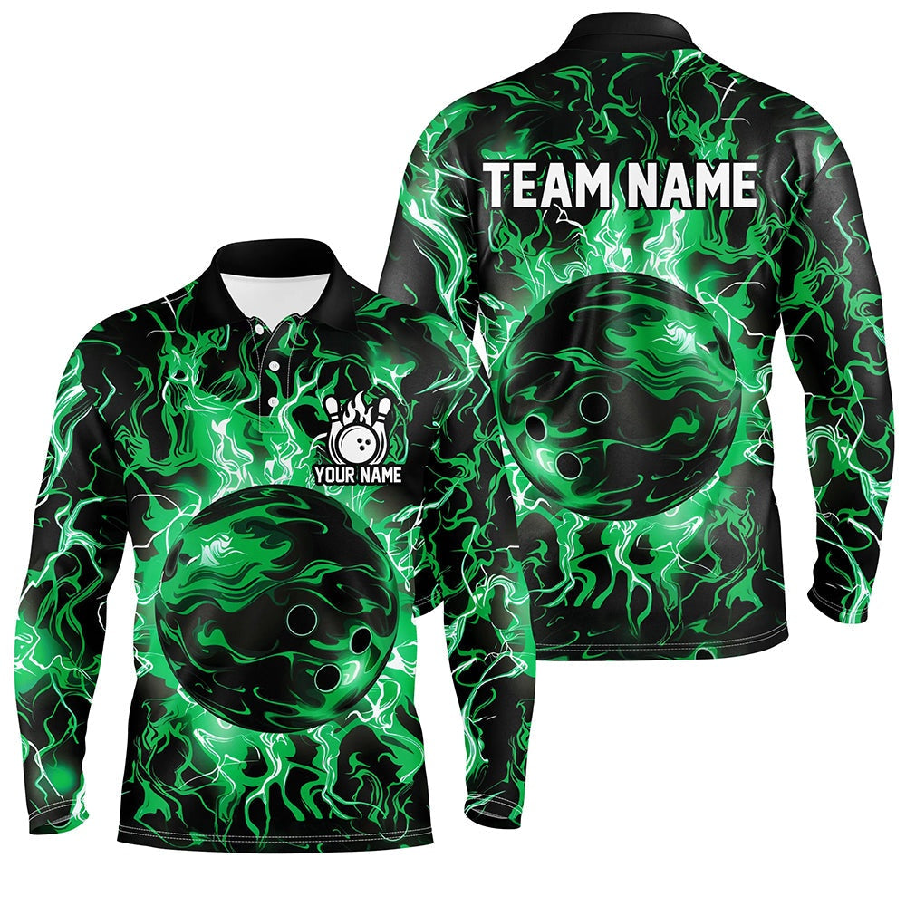 Custom Bowling Polo Shirts, Green Camo Bowling Ball Mens Bowling Shirts Custom Bowling Jerseys, Bowl Gifts For Men