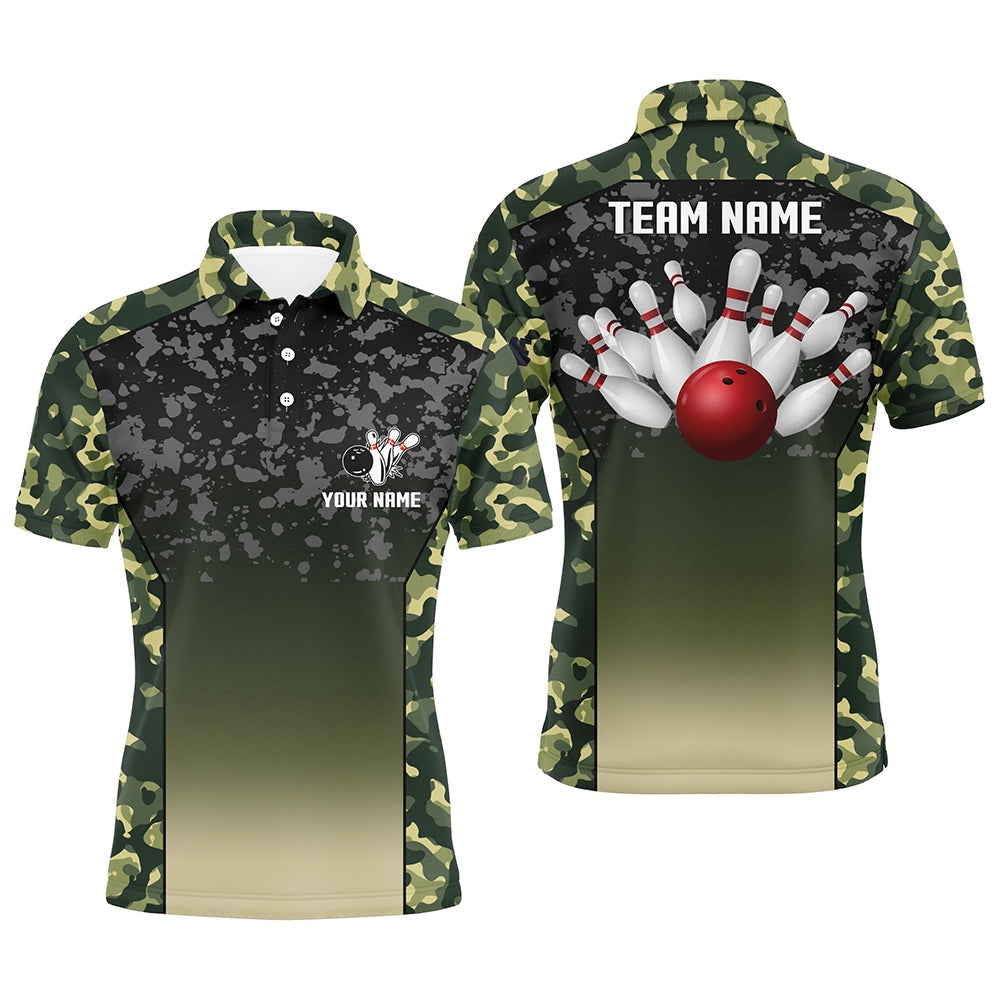 Custom Bowling Polo Shirts, Green Camo Bowling Polo Shirts For Men Custom Team Shirts Bowling Jerseys, Gifts For Bowlers