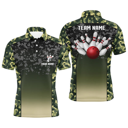 Custom Bowling Polo Shirts, Green Camo Bowling Polo Shirts For Men Custom Team Shirts Bowling Jerseys, Gifts For Bowlers