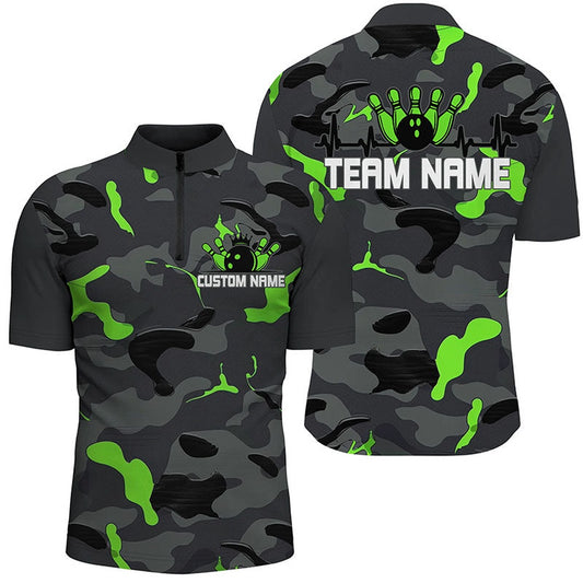Custom Bowling Polo Shirts, Green Camo Bowling Pulse Heartbeat Custom Team Shirts For Men And Women, Camouflage Bowler Outfit