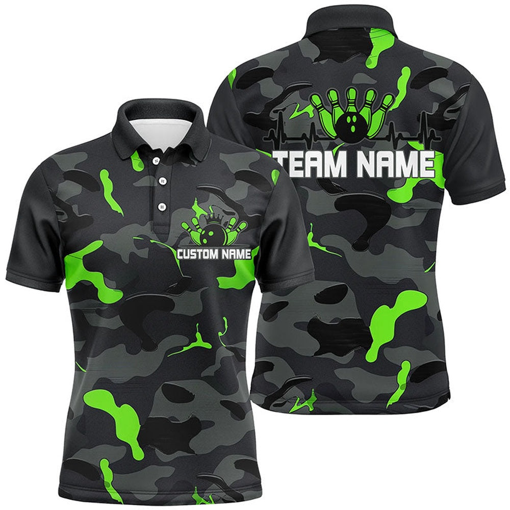 Custom Bowling Polo Shirts, Green Camo Bowling Pulse Heartbeat Custom Team Shirts For Men And Women, Camouflage Bowler Outfit