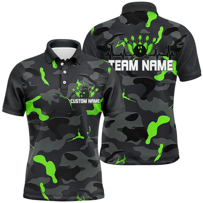 Custom Bowling Polo Shirts, Green Camo Bowling Pulse Heartbeat Custom Team Shirts For Men And Women, Camouflage Bowler Outfit