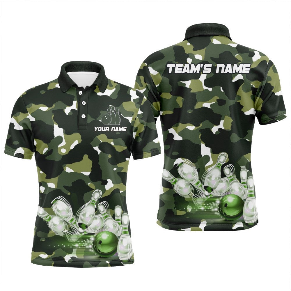 Custom Bowling Polo Shirts, Green Camo Bowling Shirts For Men Custom Bowling Polo Shirt Team Bowling Jerseys