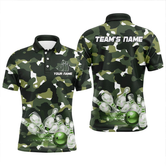 Custom Bowling Polo Shirts, Green Camo Bowling Shirts For Men Custom Bowling Polo Shirt Team Bowling Jerseys
