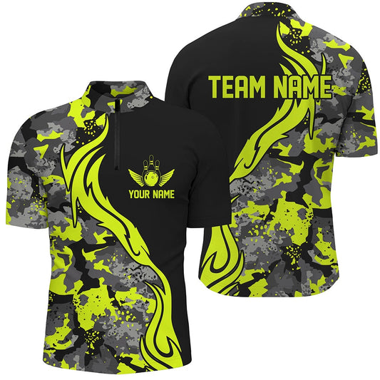 Custom Bowling Polo Shirts, Green Camo Custom Bowling Team Shirts Personalized Bowling League Shirts For Men