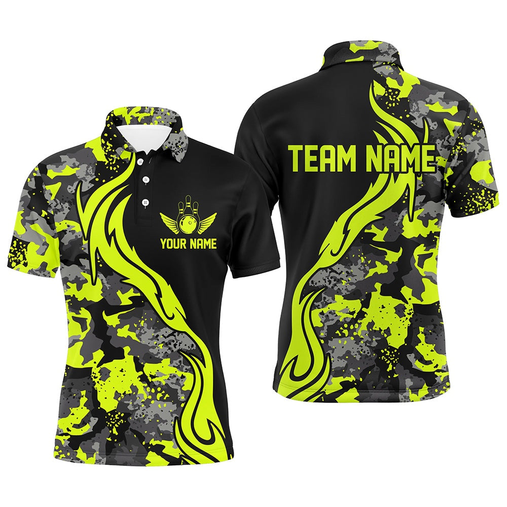 Custom Bowling Polo Shirts, Green Camo Custom Bowling Team Shirts Personalized Bowling League Shirts For Men