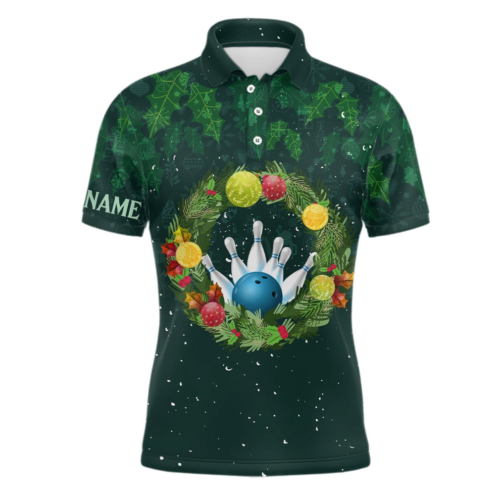 Custom Bowling Polo Shirts, Green Christmas Wreath Men Bowling Polo Shirt Custom Green Pattern Christmas Bowling Tops