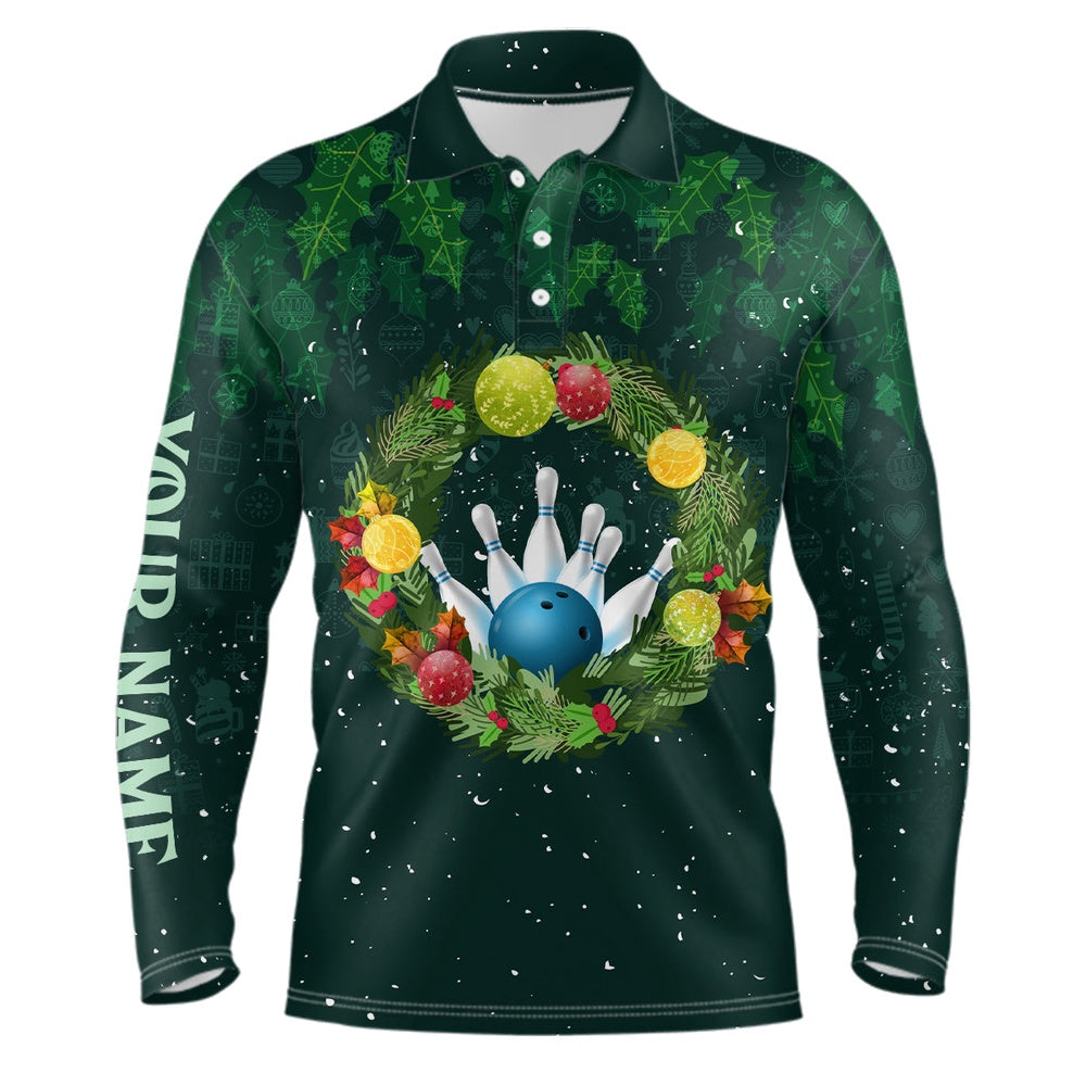 Custom Bowling Polo Shirts, Green Christmas Wreath Men Bowling Polo Shirt Custom Green Pattern Christmas Bowling Tops