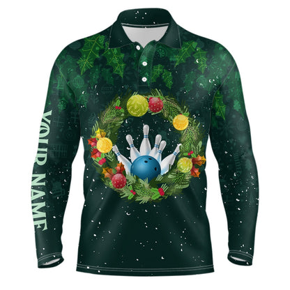 Custom Bowling Polo Shirts, Green Christmas Wreath Men Bowling Polo Shirt Custom Green Pattern Christmas Bowling Tops