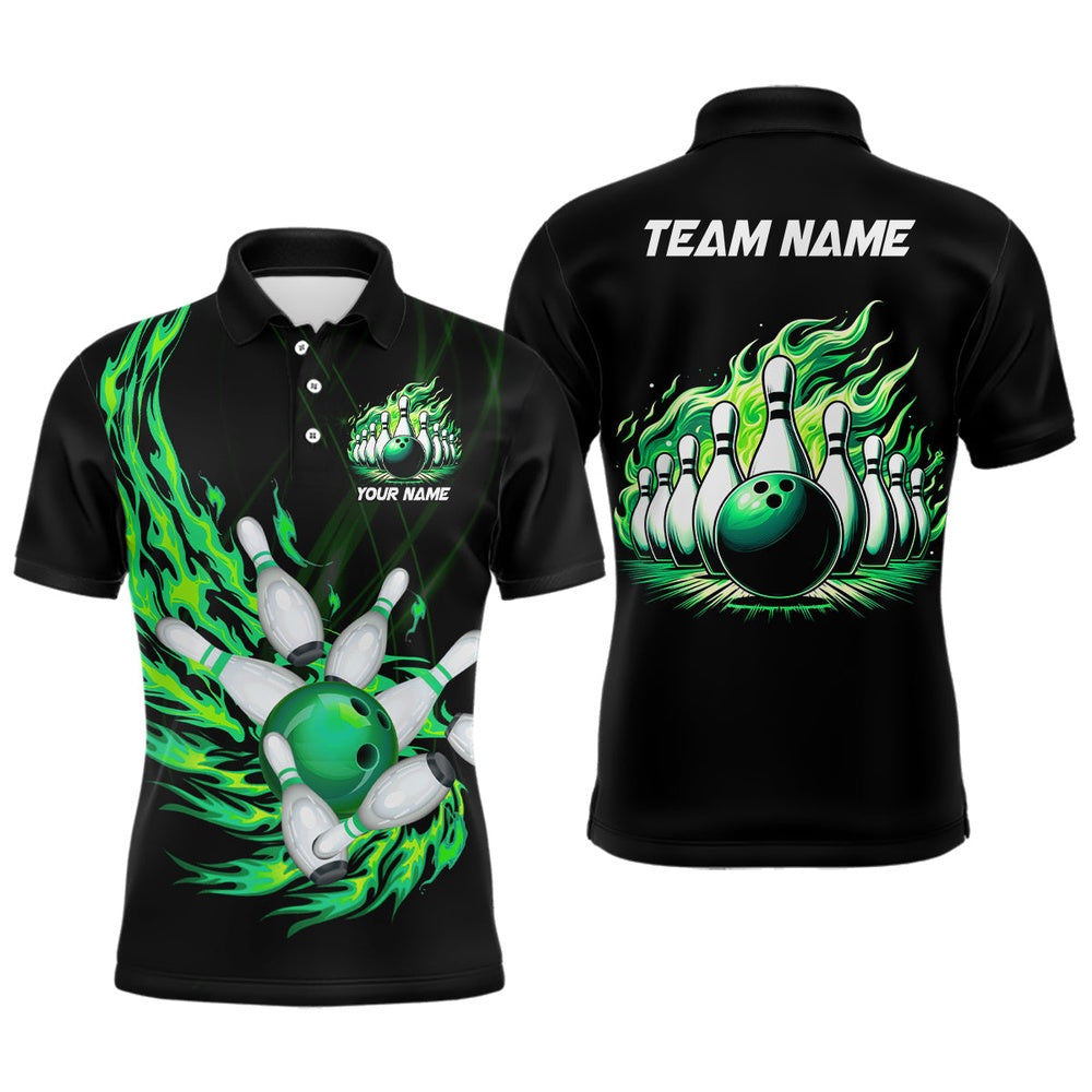 Custom Bowling Polo Shirts, Green Flame Bowling Ball And Pins Custom Men Bowling Polo Shirts, Team Mens Bowling Jerseys