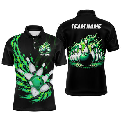 Custom Bowling Polo Shirts, Green Flame Bowling Ball And Pins Custom Men Bowling Polo Shirts, Team Mens Bowling Jerseys