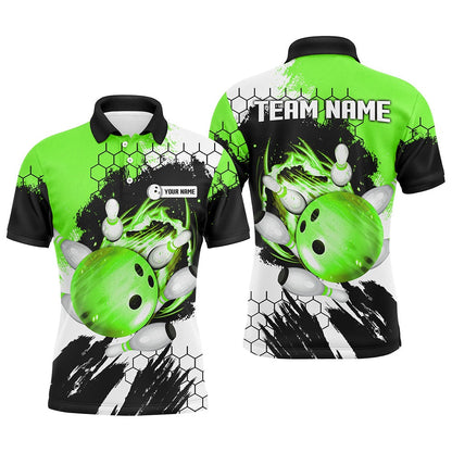 Custom Bowling Polo Shirts, Green Flame Bowling Ball And Pins Jerseys Custom Team League Bowling Polo Shirts For Men