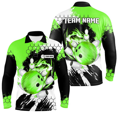 Custom Bowling Polo Shirts, Green Flame Bowling Ball And Pins Jerseys Custom Team League Bowling Polo Shirts For Men