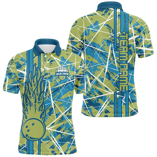 Custom Bowling Polo Shirts, Green Flame Bowling Ball Camo Custom Men Bowling Polo Shirts, Team Bowling Jerseys Gift For Bowler