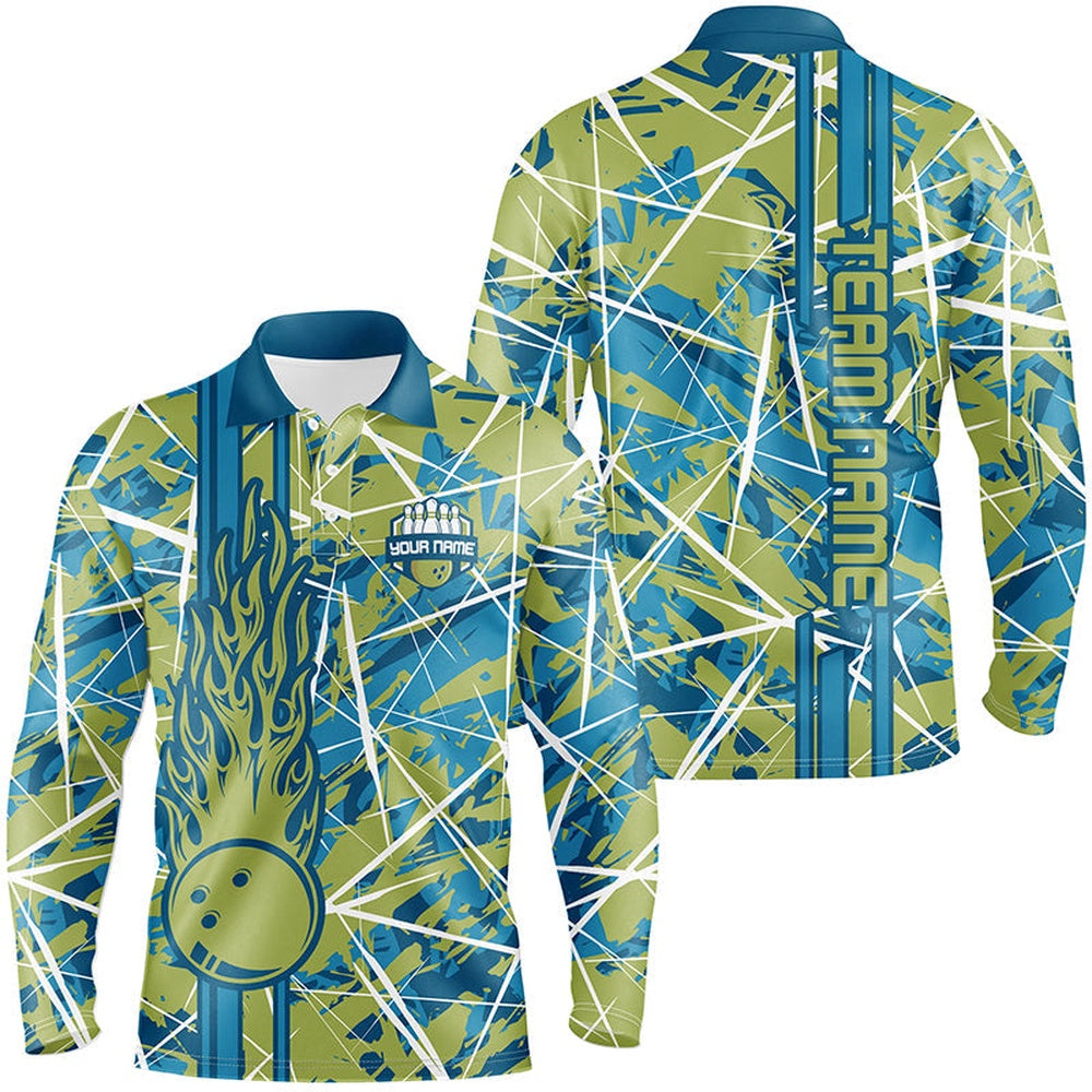 Custom Bowling Polo Shirts, Green Flame Bowling Ball Camo Custom Men Bowling Polo Shirts, Team Bowling Jerseys Gift For Bowler