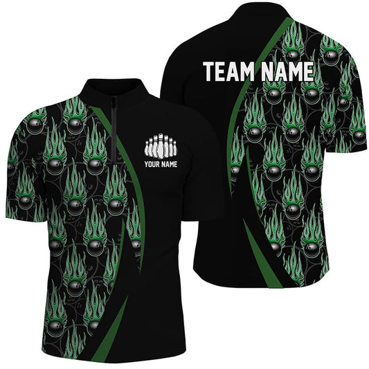 Custom Bowling Polo Shirts, Green Flame Bowling Ball Pattern Custom Bowling Shirts For Men, Fire Bowling League Outfits