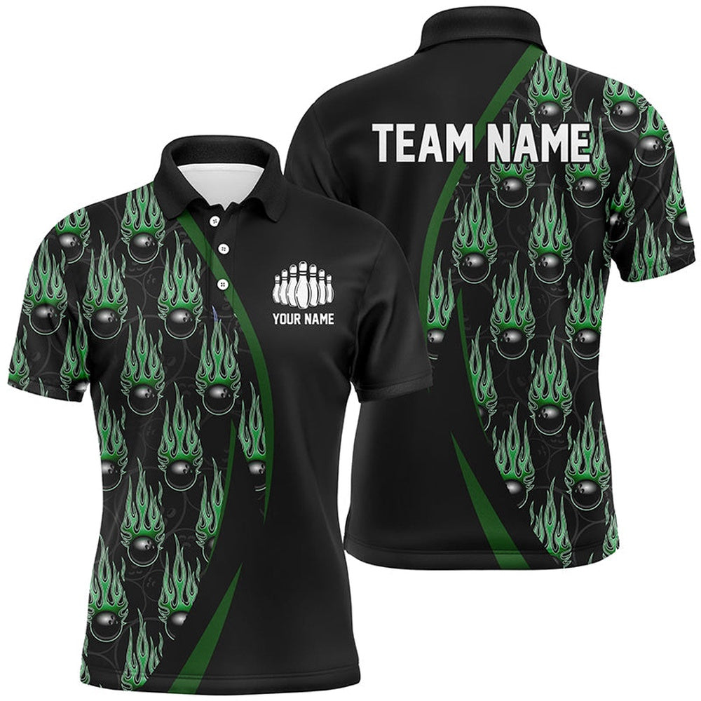 Custom Bowling Polo Shirts, Green Flame Bowling Ball Pattern Custom Bowling Shirts For Men, Fire Bowling League Outfits